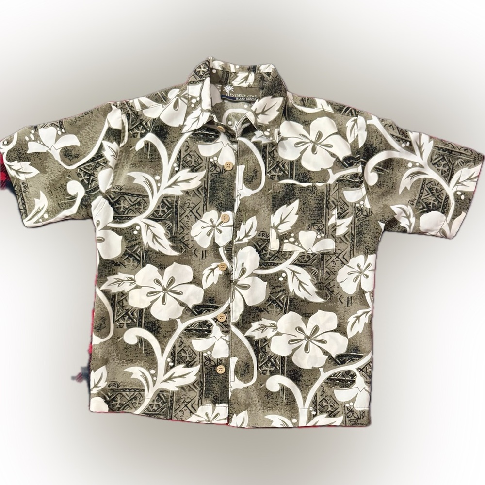 Kids Olive Green Floral Button-Down Tropical 🌴 Shirt